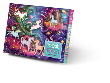 100 PC Holographic Puzzle: Unicorn Galaxy - 100-piece holographic unicorn galaxy puzzle with colorful cosmic background, unique handmade Canadian gift.