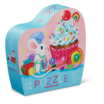12 PC Mini Puzzle: Celebration - 12-piece handmade Canadian kids puzzle shaped like a cupcake with mouse chef illustration, colorful sprinkles, and rainbow.