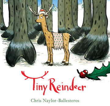 Tiny Reindeer Book - Hand-drawn Tiny Reindeer in snowy forest, unique handmade Canadian Christmas book gift.