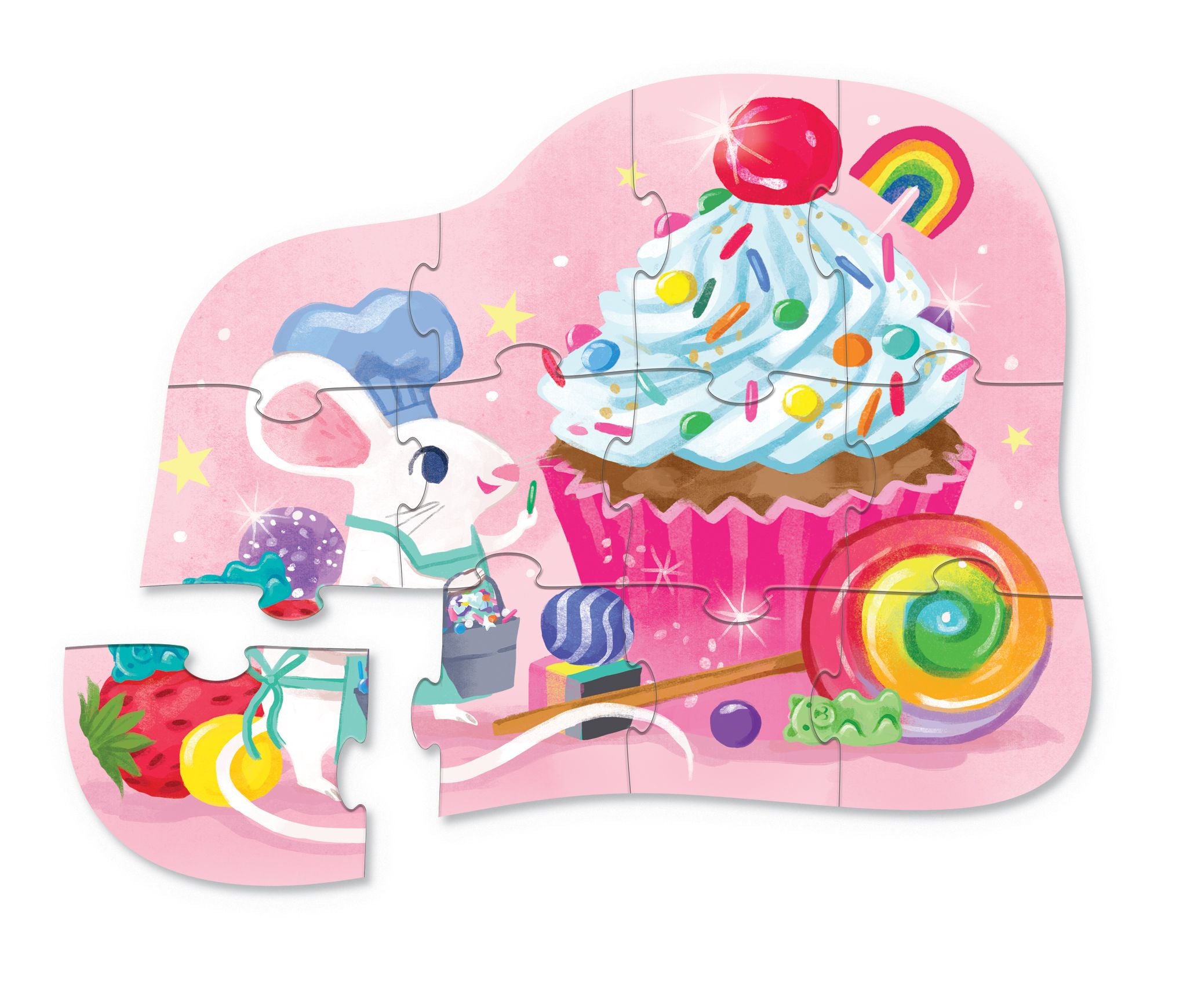 A white mouse wearing a chef's hat and apron is decorating a cupcake with sprinkles. A large lollipop is on the floor next to the cupcake and other candy pieces are scattered