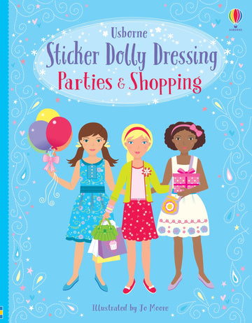 Sticker Dolly Dressing/Parties And Shopping Girls - Colorful sticker book cover featuring three stylish girls with balloons and shopping bags, unique Canadian gift.
