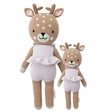 Violet the Fawn - Handmade Canadian knit baby fawn doll in soft brown with white spots, wearing pink romper, unique gift.