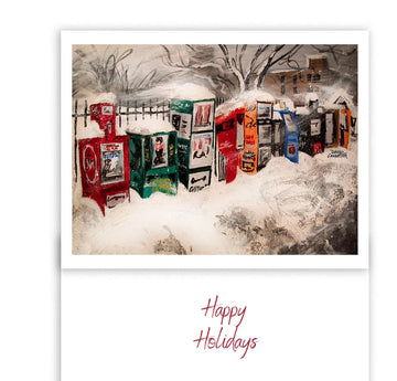 Wintery Newsboxes - Handmade Canadian greeting card featuring unique wintery newsboxes in snow, perfect gift with Happy Holidays text.