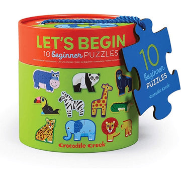 Let’s Begin 10 Beginner Puzzles: Jungle - Colorful cylindrical box of Let's Begin 10 Beginner Puzzles Jungle with playful animal illustrations, Canadian handmade gift.