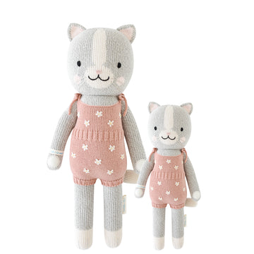 Daisy the Kitten - Handmade Canadian knit kitten toy in pink floral romper, unique baby gift set, 13” and smaller sizes.