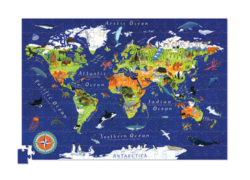 200 PC Puzzle & Poster: World Animal - 200-piece colorful world animal puzzle with vivid wildlife illustrations on deep blue background, unique handmade Canadian.