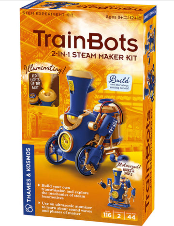 TrainBots : 2 in 1 STEAM maker kit - TrainBots 2-in-1 STEAM maker kit box with blue and yellow robot model, Canadian handmade educational gift.