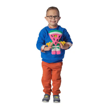 A kid holding the LEGO Watermelon Guy Plush Minifigure