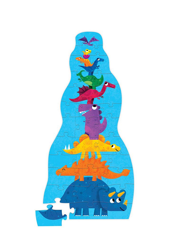 A collection of dinosaurs standing on top of each other from largest to smallest against a blue background