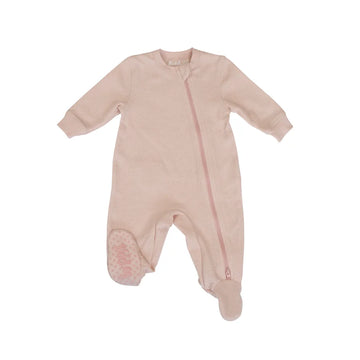 Mini Waffle Collection - Footed Sleeper - Pink clay footed sleeper with mini waffle texture, zipper closure, handmade Canadian baby gift.