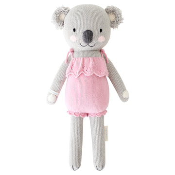 Claire the Koala - Handmade knitted gray koala toy with pink dress, unique Canadian baby gift, 13-inch plush.