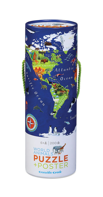 200 PC Puzzle & Poster: World Animal - Cylindrical box packaging for 200-piece world animal puzzle and poster with colorful world map design and green rope handle, .