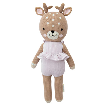 Violet the Fawn - Handmade Canadian cotton fawn plush with light pink ruffled outfit, unique baby gift.