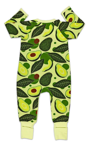 A green jumper with avocado slices, unpitted and pitted avocados and leaves printed on it