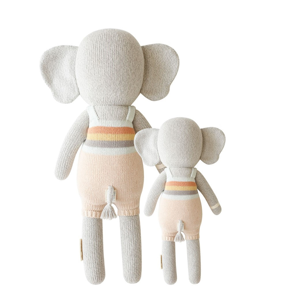 Backshot of 2 different sized elephant stuffies 