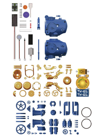 TrainBots : 2 in 1 STEAM maker kit - 2-in-1 STEAM maker kit with blue mechanical parts, gold gears, and small tools laid out on white background.