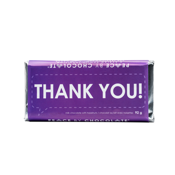 Thank You Chocolate Bar (Peace by Chocolate) - Purple-wrapped handmade Canadian chocolate bar with bold white “Thank You!” text, gift-ready packaging.