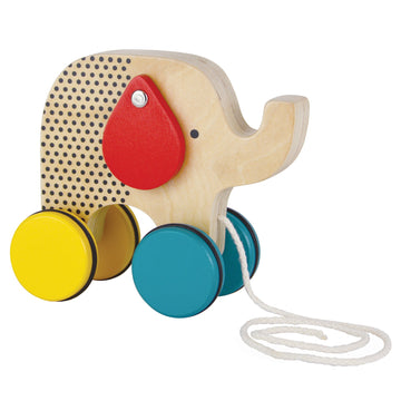 Wooden Jumbo Jumping Elephant Pull Toy - Handmade Canadian wooden jumbo elephant pull toy with colorful wheels, unique gift.
