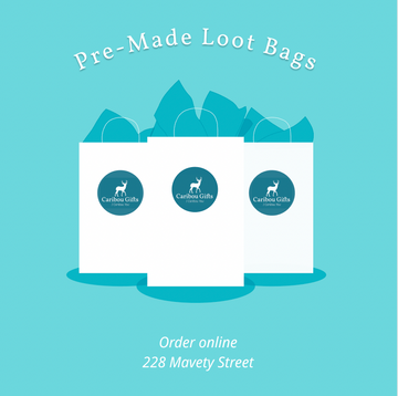Ready Made Loot Bags! - Three white gift loot bags with blue Canadian Gifts logo on bright blue background, handmade and unique.