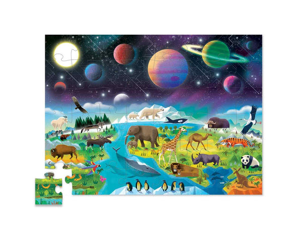 Above the landscape depicting different terrains and their native animals, there are large planets and stars visible in the night sky 